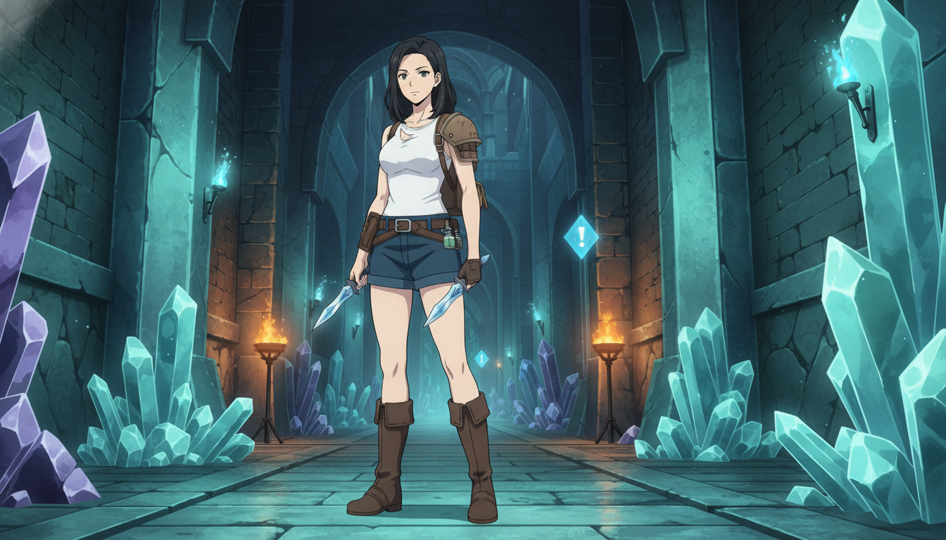 Original anime heroine in a glowing crystal dungeon corridor with RPG adventure atmosphere and dramatic torchlight