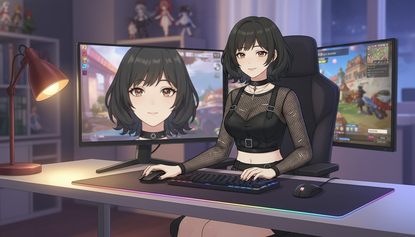 Original gothic anime character at a gaming desk with dual monitors, one screen showing an anime version of the character, content creator setup with warm RGB lighting