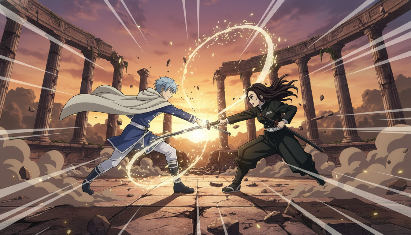 Two original anime warriors clashing swords in a ruined temple arena with particle effects and boss battle energy at sunset