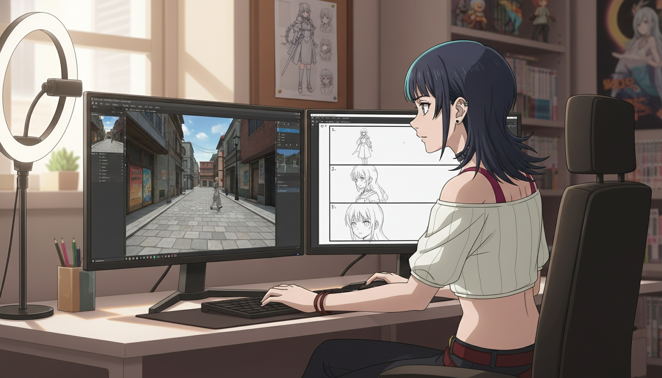 Anime video creator at a desk with dual monitors showing a scene builder panorama and a three-panel storyboard beside a saved original character