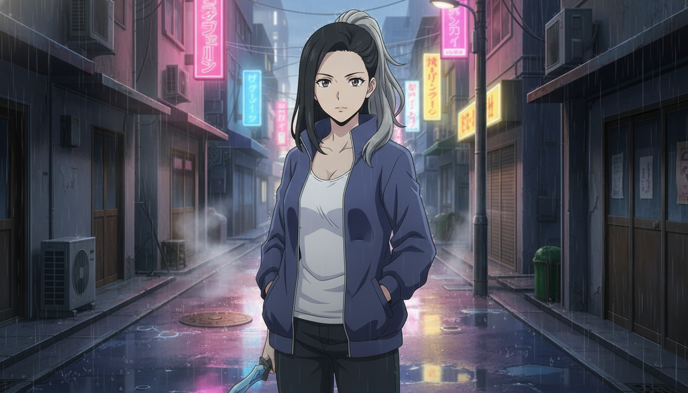 Original anime heroine in indigo streetwear standing in a neon-lit rain-soaked alley at dusk, wide cinematic composition ready for video motion