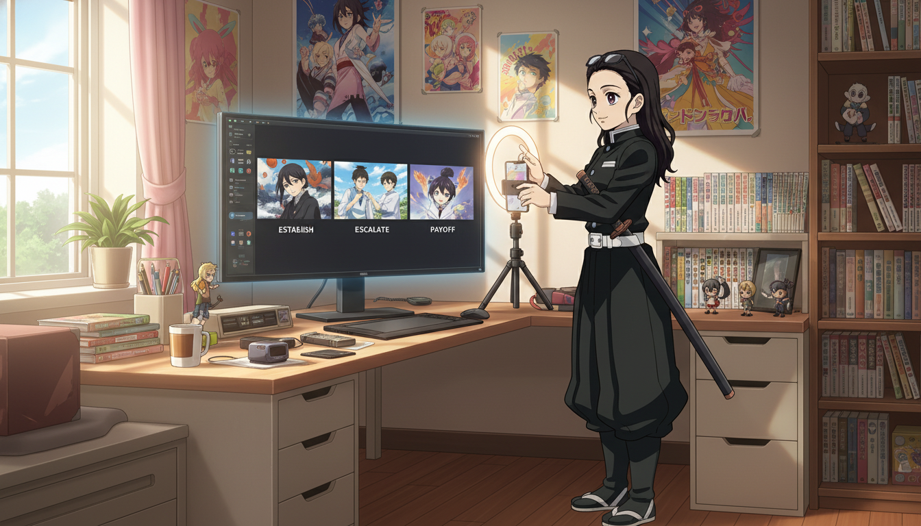 Vertical smartphone on a tripod filming an anime Short edit timeline with three matching scene stills labeled establish, escalate, and payoff