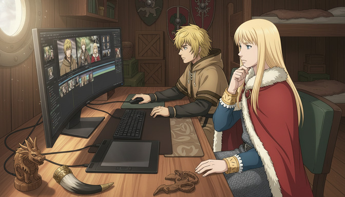 Two anime characters, a young man with blonde hair in a brown hoodie and a young woman with long blonde hair in a red cape, working together at a computer desk reviewing anime storyboard panels on a large monitor