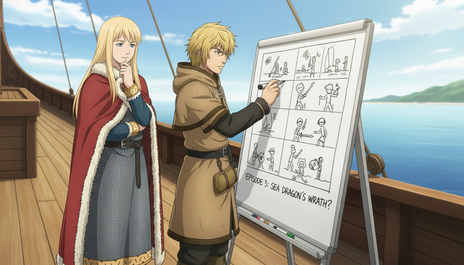 Two anime characters, a young blonde man in a brown hoodie and a young blonde woman in a red cape, standing on a ship deck reviewing a whiteboard storyboard with hand-drawn panels labeled Episode 3: Sea Dragon's Wrath