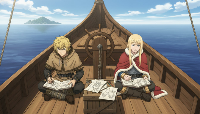 Two anime characters, a young blonde man and a young blonde woman, sitting cross-legged on the deck of a wooden ship, both drawing in sketchbooks with character design sketches spread around them, open ocean and an island visible in the background