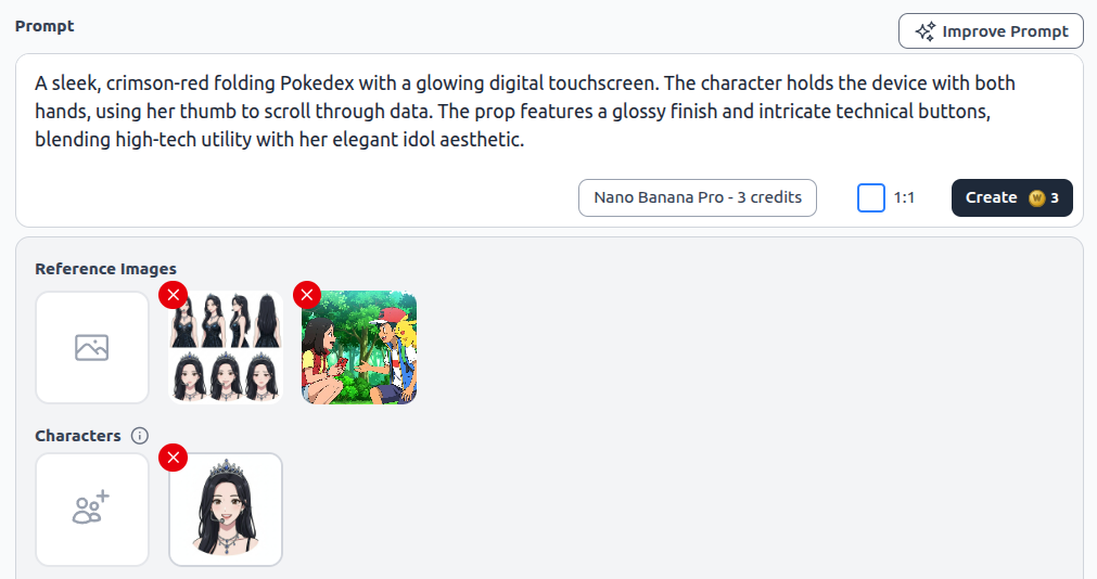 AutoWeeb prompt editor with character sheet reference, pose reference, and prop description