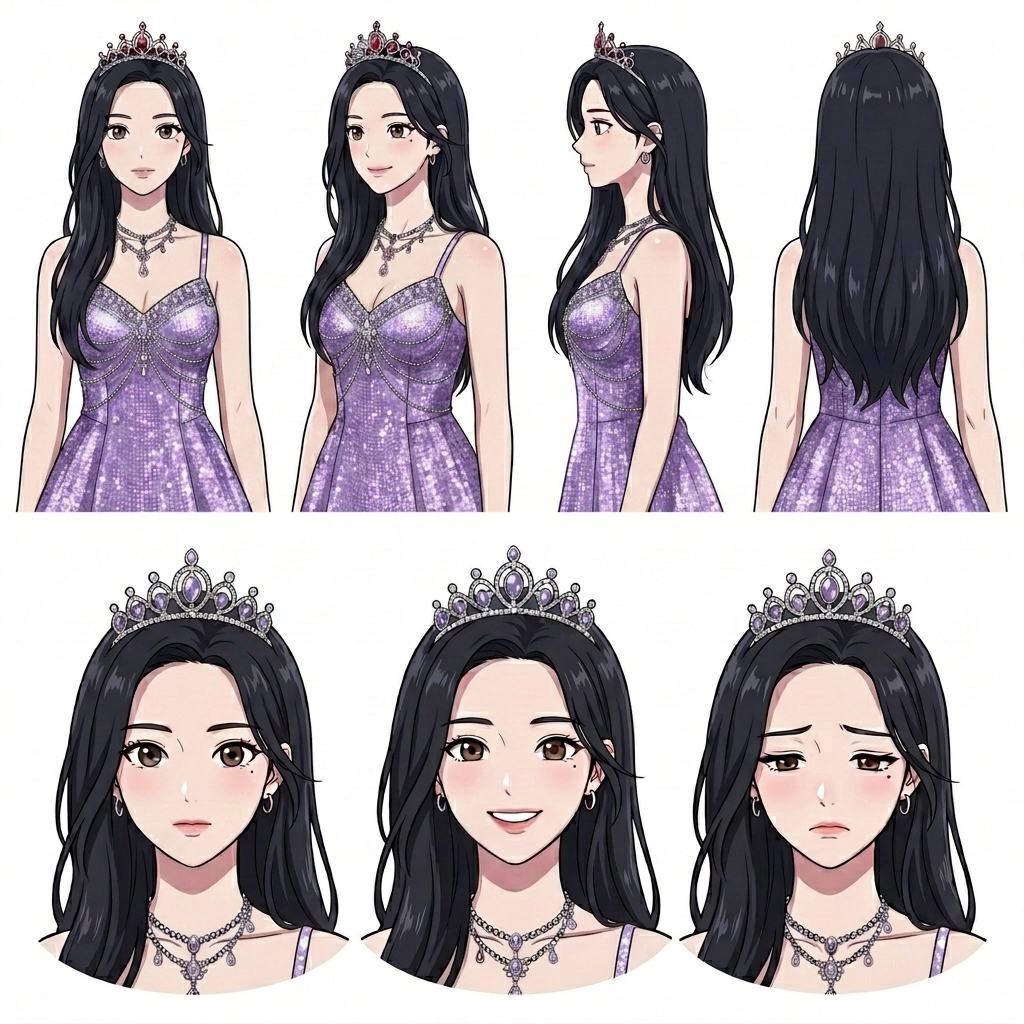 Anime character reference sheet with multiple angles and expressions