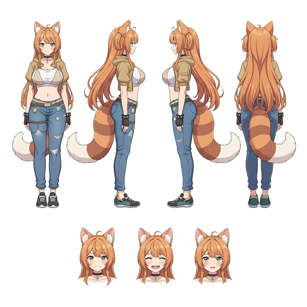 Full anime character design sheet generated by AutoWeeb, showing front and side views with outfit and expression references