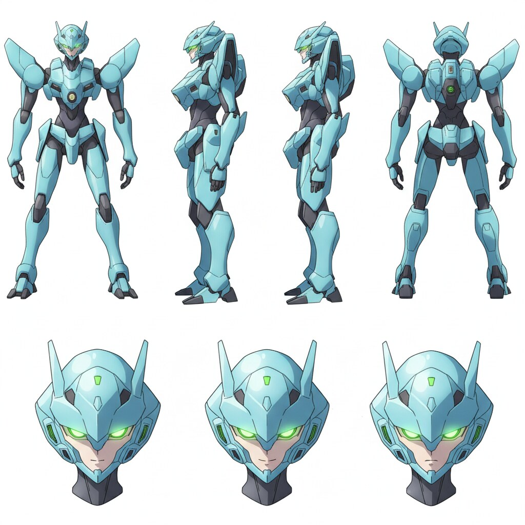 Anime light blue sleek mech character sheet with green sensor glow