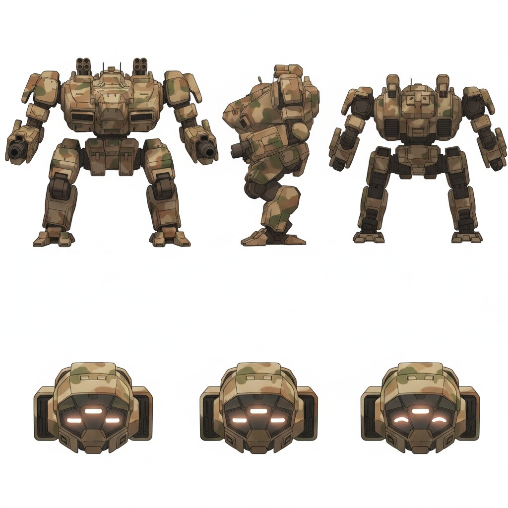 Anime brown desert camouflage mech character sheet with missile pods and gun arms