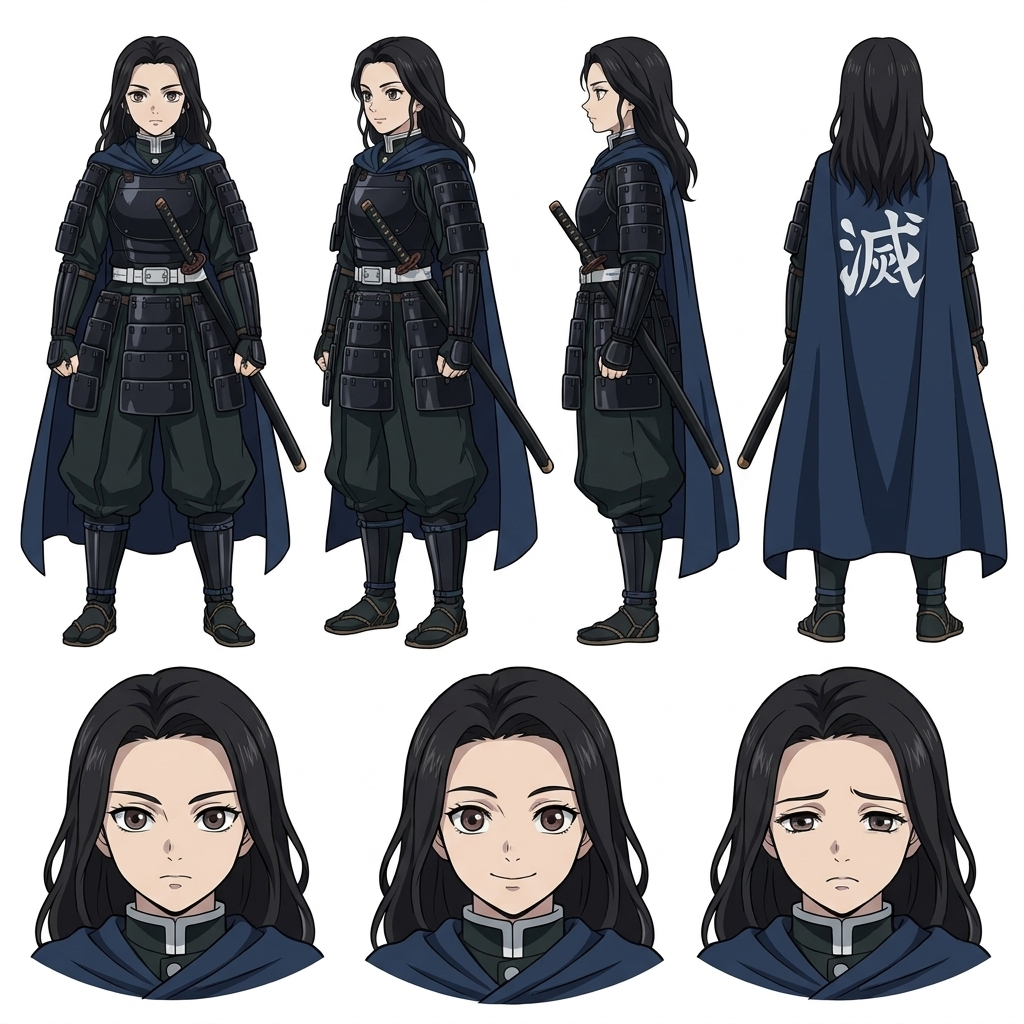 AI-generated anime character design sheet with front and back poses