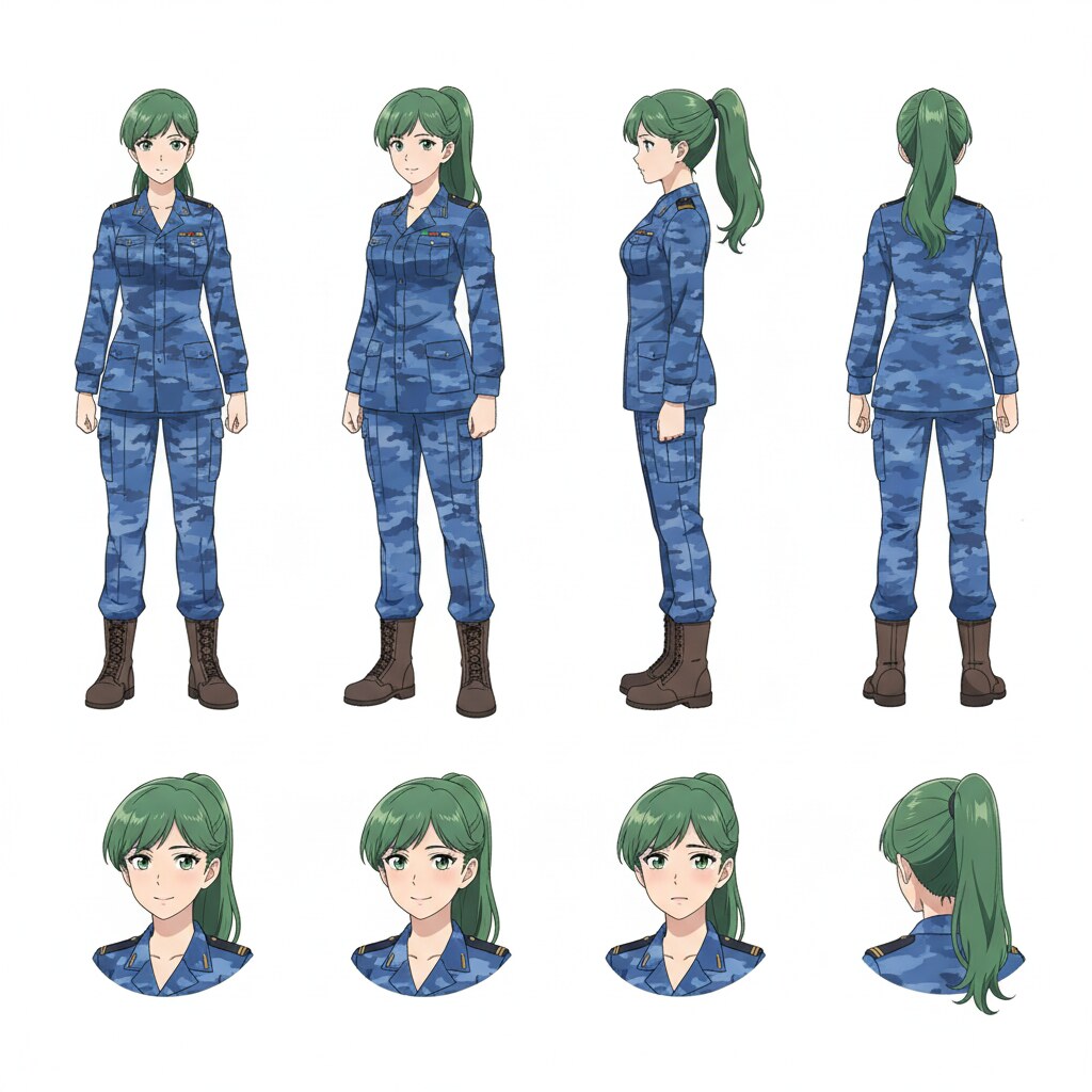 Anime military pilot character sheet with blue camouflage fatigues and high ponytail