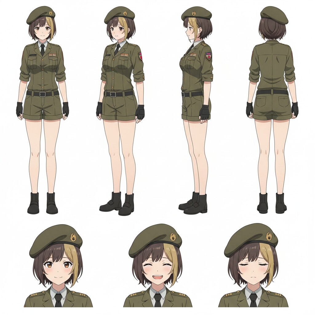 Anime military pilot character sheet with olive uniform, beret, and expression variations