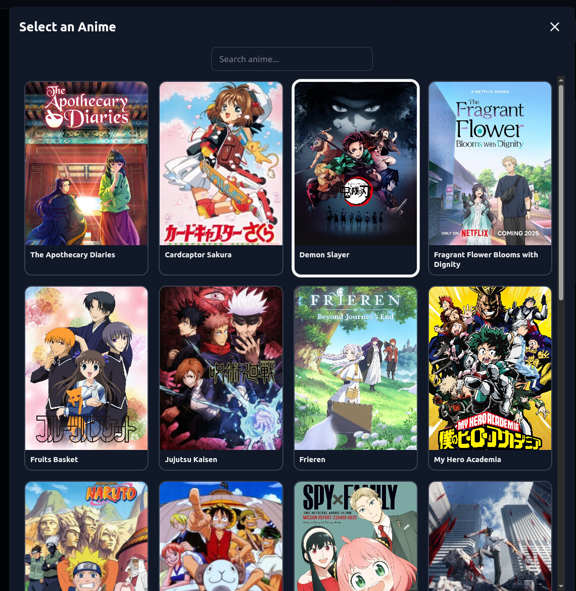 Anime selection modal in AutoWeeb with searchable shows like Demon Slayer, Jujutsu Kaisen, and Spy x Family
