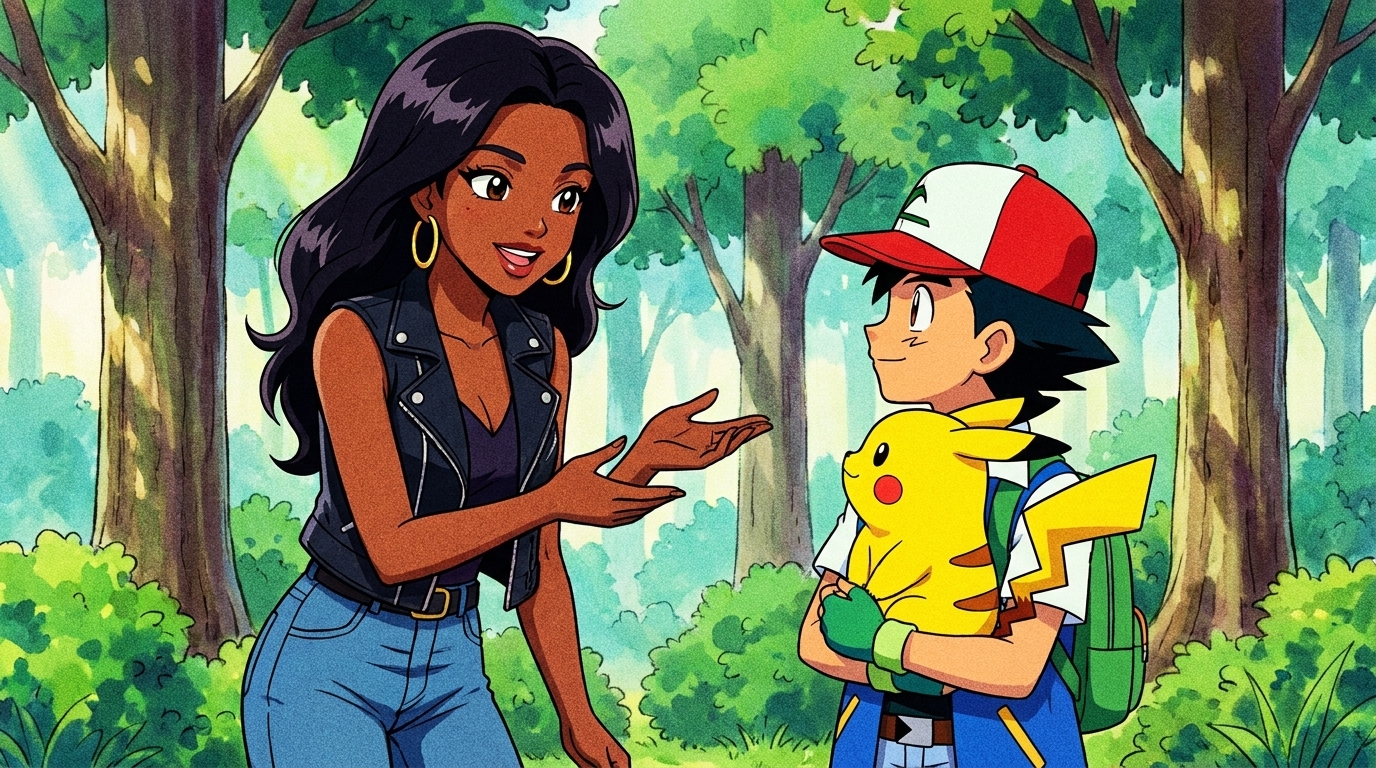 Anime self-insert result showing a person inserted into a Pokemon scene with Ash Ketchum and Pikachu in a forest