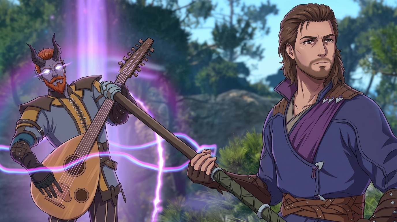 Anime illustration of a human adventurer with a staff and a tiefling bard with orange hair, curved horns, and purple magical energy playing a lute in a sunlit forest