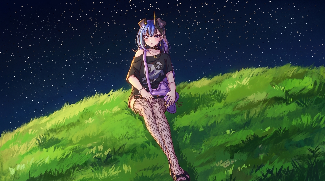 Gothic anime girl with split blue and purple hair, a small horn, star-shaped shoulder bag, and fishnet stockings sitting on a grassy hill under a starry night sky