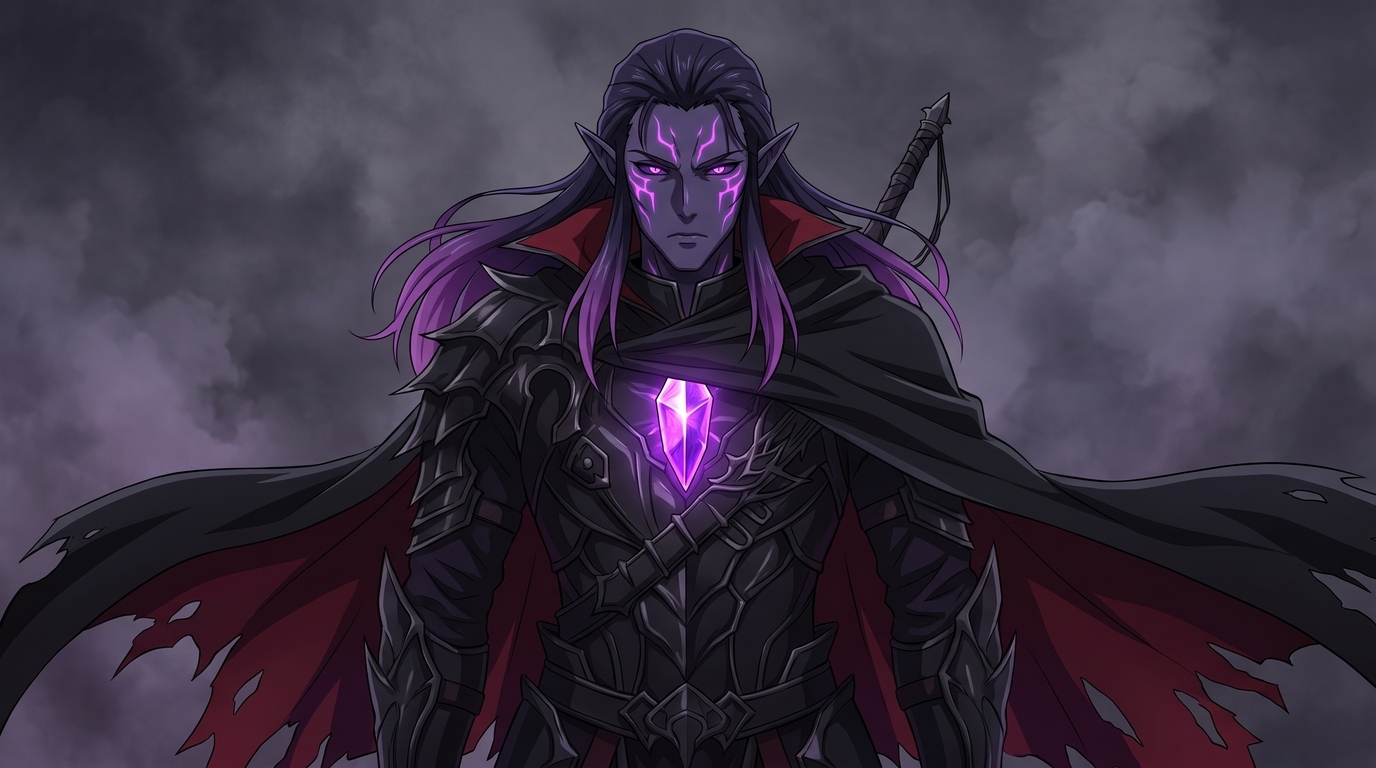 Dark elf fantasy warrior with purple skin, glowing pink facial markings, long violet hair, and ornate plate armor with a chest crystal in anime illustration style