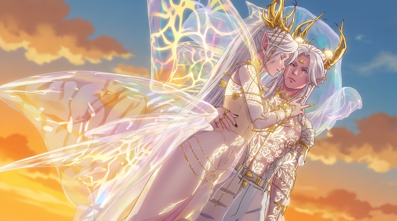 Fantasy elf couple with iridescent wings and golden antler crown rendered as polished anime illustration against a sunset sky