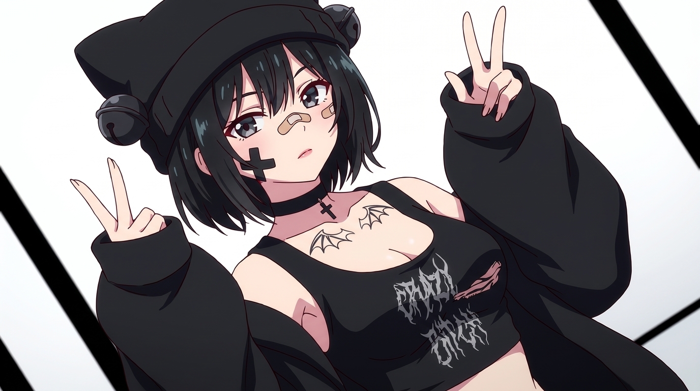 Goth anime girl with black cat-ear beanie, nose bandage, cheek cross mark, collarbone bat tattoos, and peace sign pose in polished 2D illustration