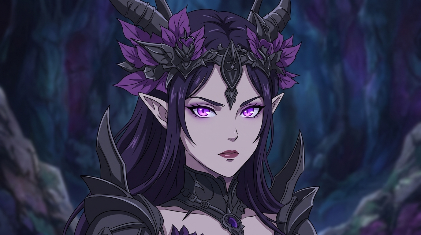 Dark elf gothic queen anime portrait with pale skin, glowing purple eyes, pointed ears, horns, and ornate crown