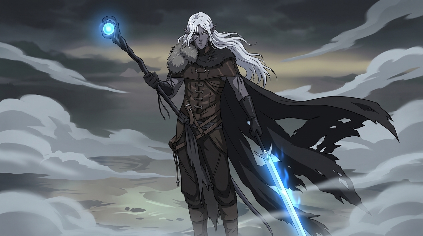 Dark elf anime warrior with white hair, pointed ears, fur-trimmed black cape, glowing blue longsword, and magical staff in a misty dark fantasy landscape