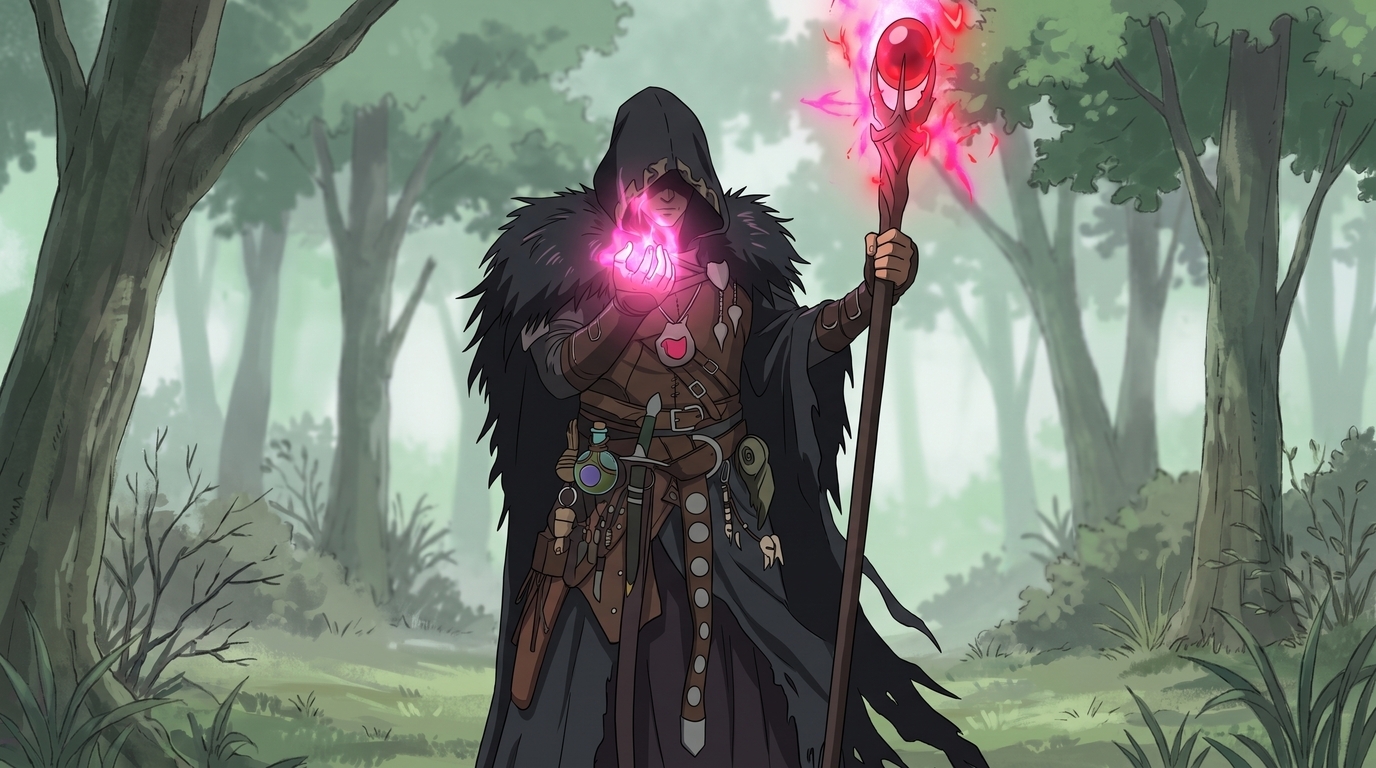 Dark fantasy anime spellcaster with hood, glowing staff orb, and pink magical energy in a misty forest