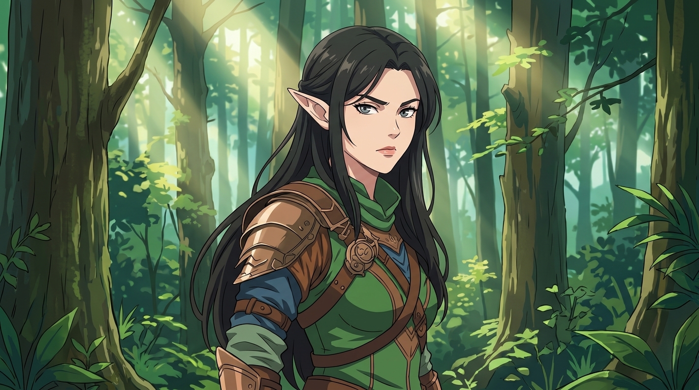 Anime D&D elf ranger with pointed ears, green tunic, and bronze shoulder armor in a sunlit forest exploration scene