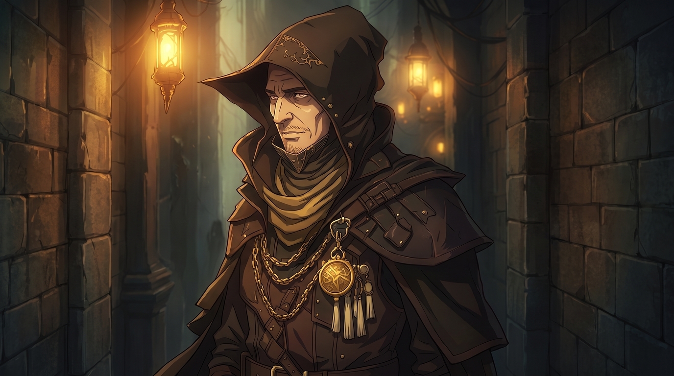Anime D&D character introduction card style portrait of a hooded rogue with golden chains and a glowing arcane medallion