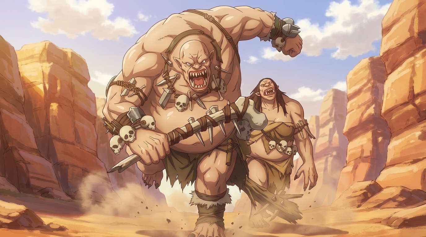 Anime fantasy boss battle with ogres charging through a desert canyon wielding spiked clubs