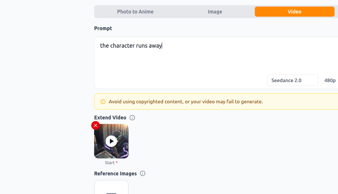 AutoWeeb Extend Video prompt screen with Seedance 2.0 Mini selected and a short action prompt