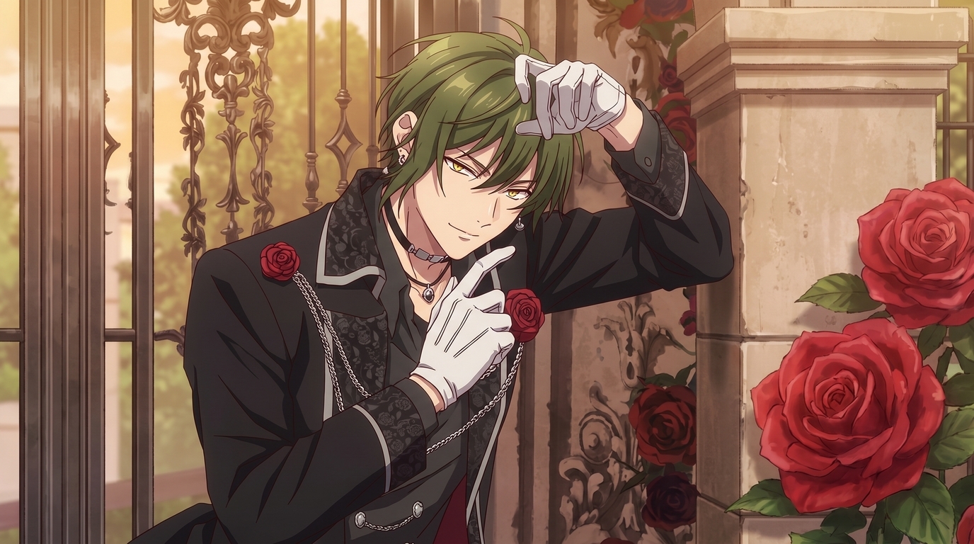 A romance fantasy duke character with olive green hair, a black brocade suit, red rose lapels, and an ornate garden gate in golden light