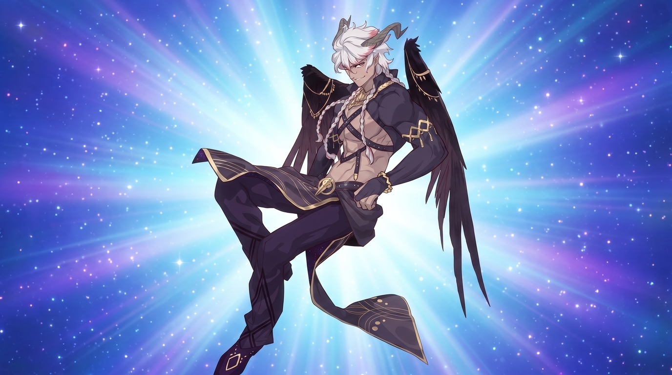 A fantasy romance prince with white hair, black wings, horns, and ornate armor against a radiant celestial background