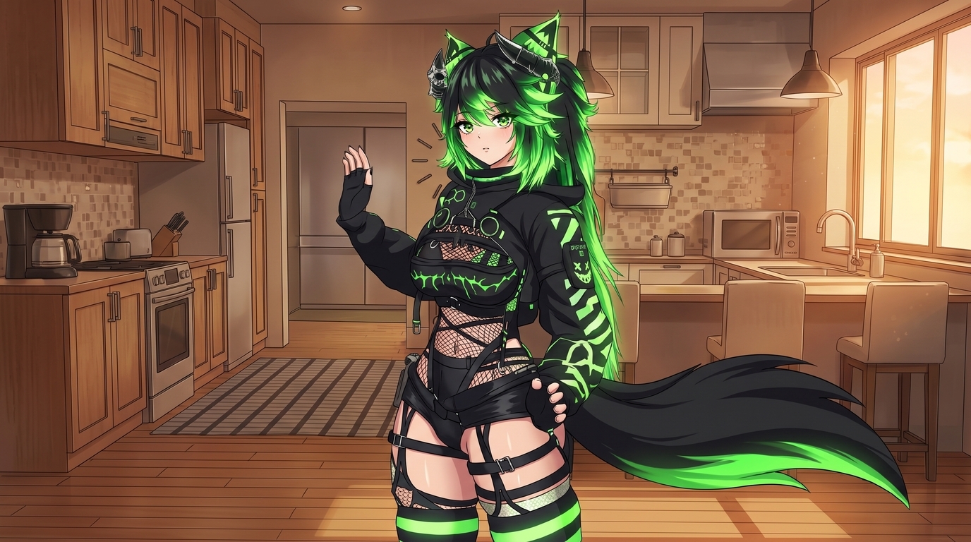 Anime character art of a VRChat avatar with green and black hair, horns, harness outfit, and striped thigh-highs