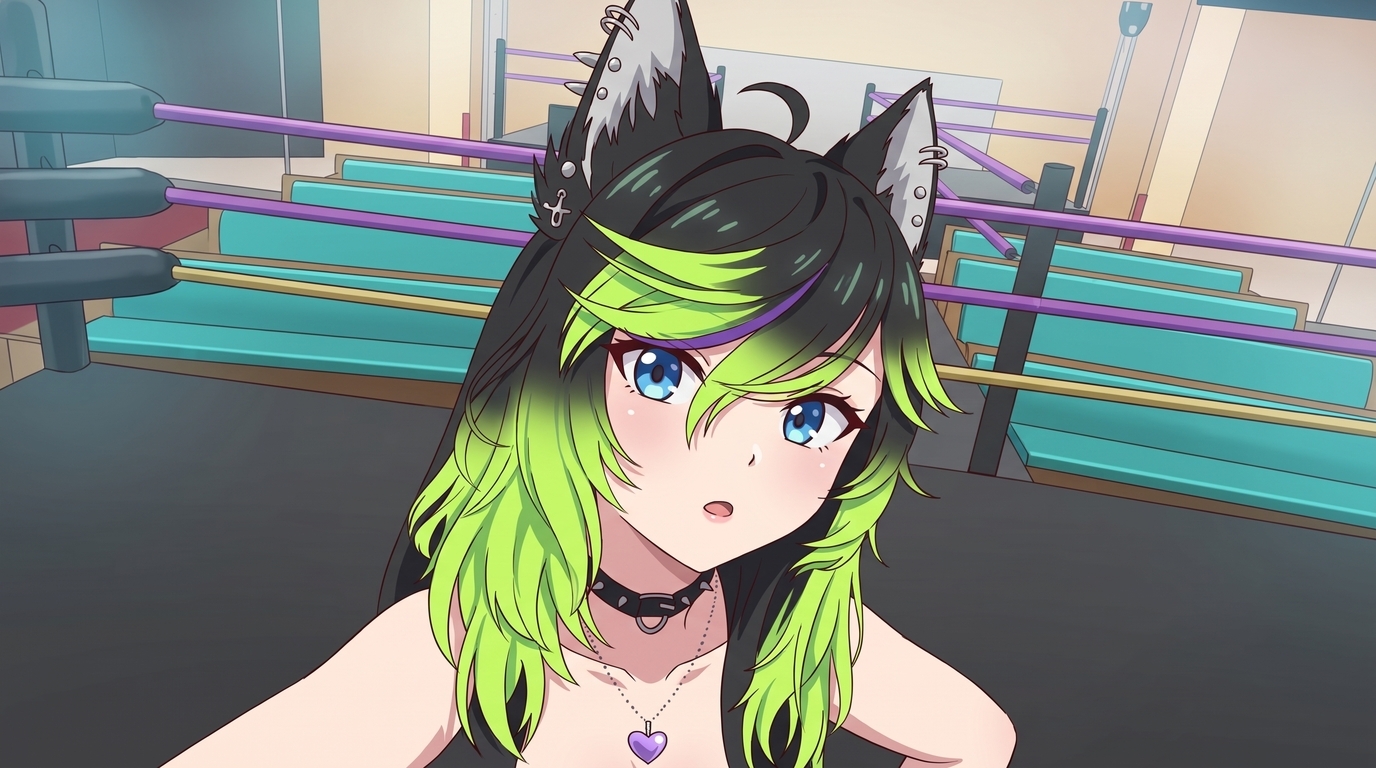 Close-up anime PFP of a VRChat avatar with green and black hair, wolf ears with piercings, and a spiked choker