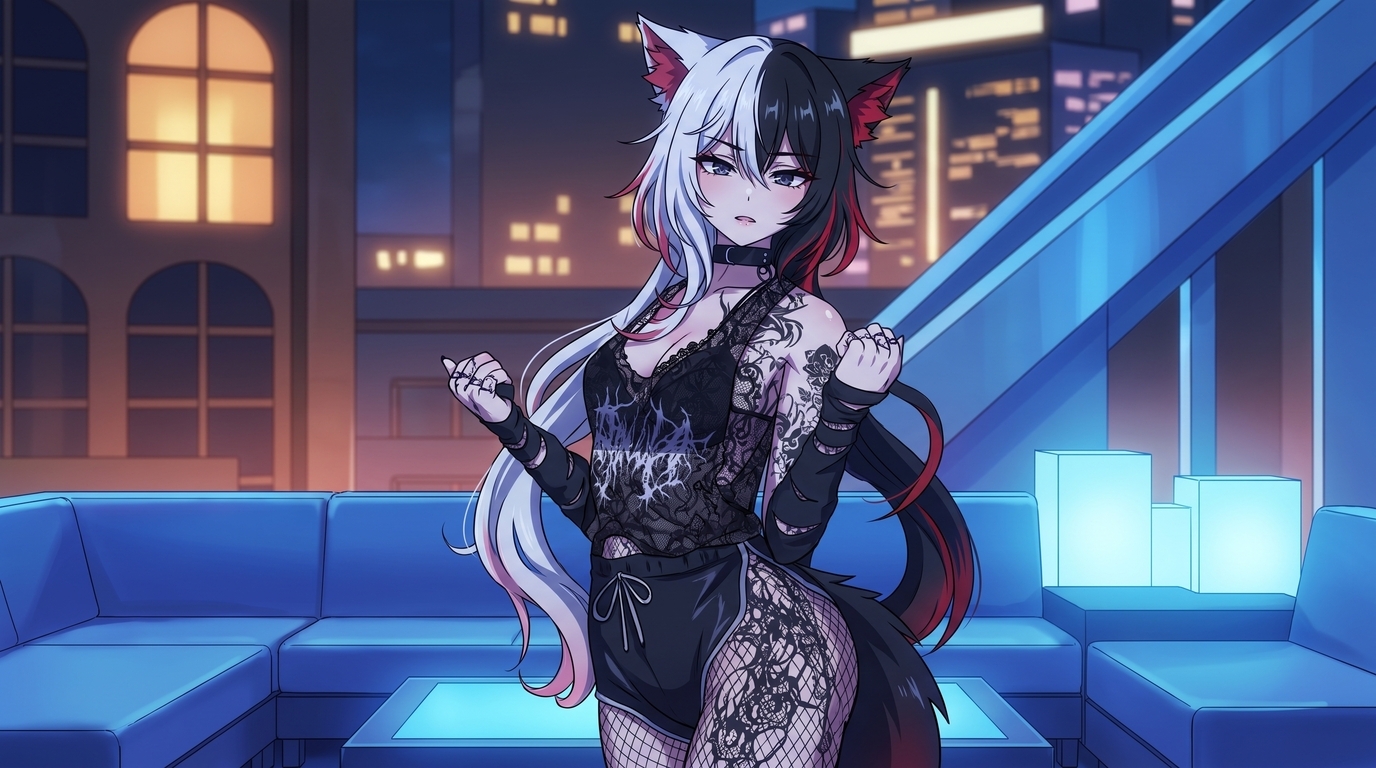 VRChat avatar converted into a polished 2D anime character illustration with split hair, fox ears, tattoos, and gothic streetwear on a rooftop at night