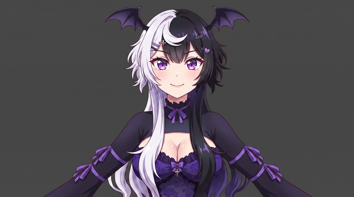 VRoid model converted into polished 2D anime character art with split white and black hair, bat wing headband, purple gothic outfit, and silver cross accessories