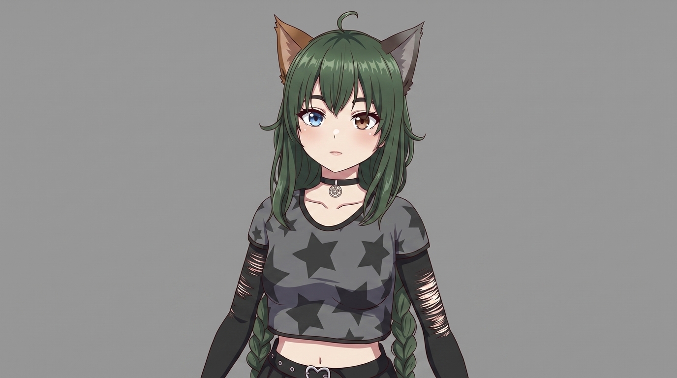 VRoid cat girl converted to anime PFP with green braided hair, brown cat ears, heterochromia blue and brown eyes, and a star-pattern cropped shirt