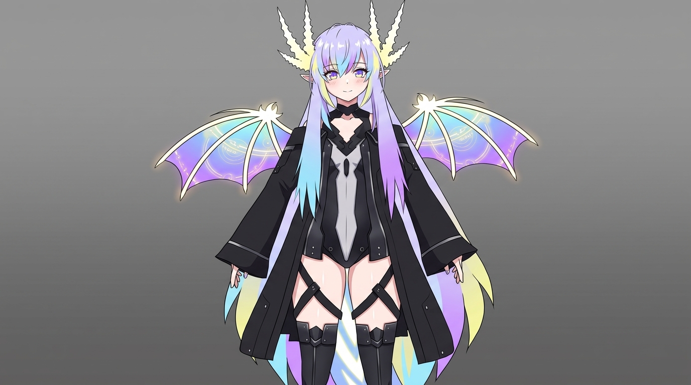 VRoid fantasy character as full-body anime illustration with pastel rainbow hair, iridescent holographic wings, crystal horns, and techwear outfit