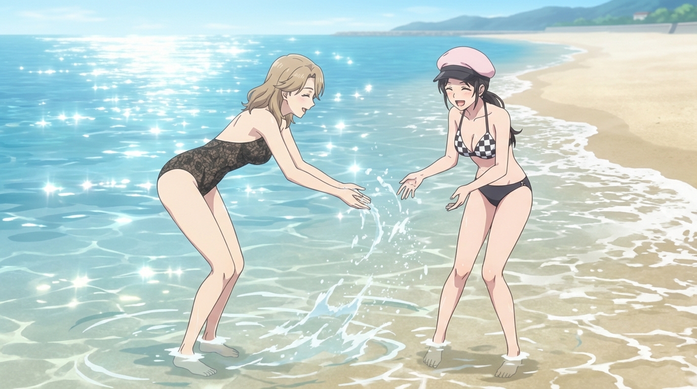 Anime character splashing playfully in shallow ocean water under bright sunlight