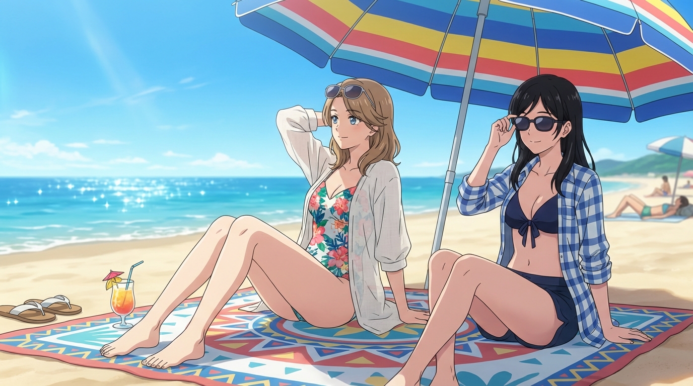 Anime character relaxing under a colorful beach umbrella with sunglasses and a cold drink