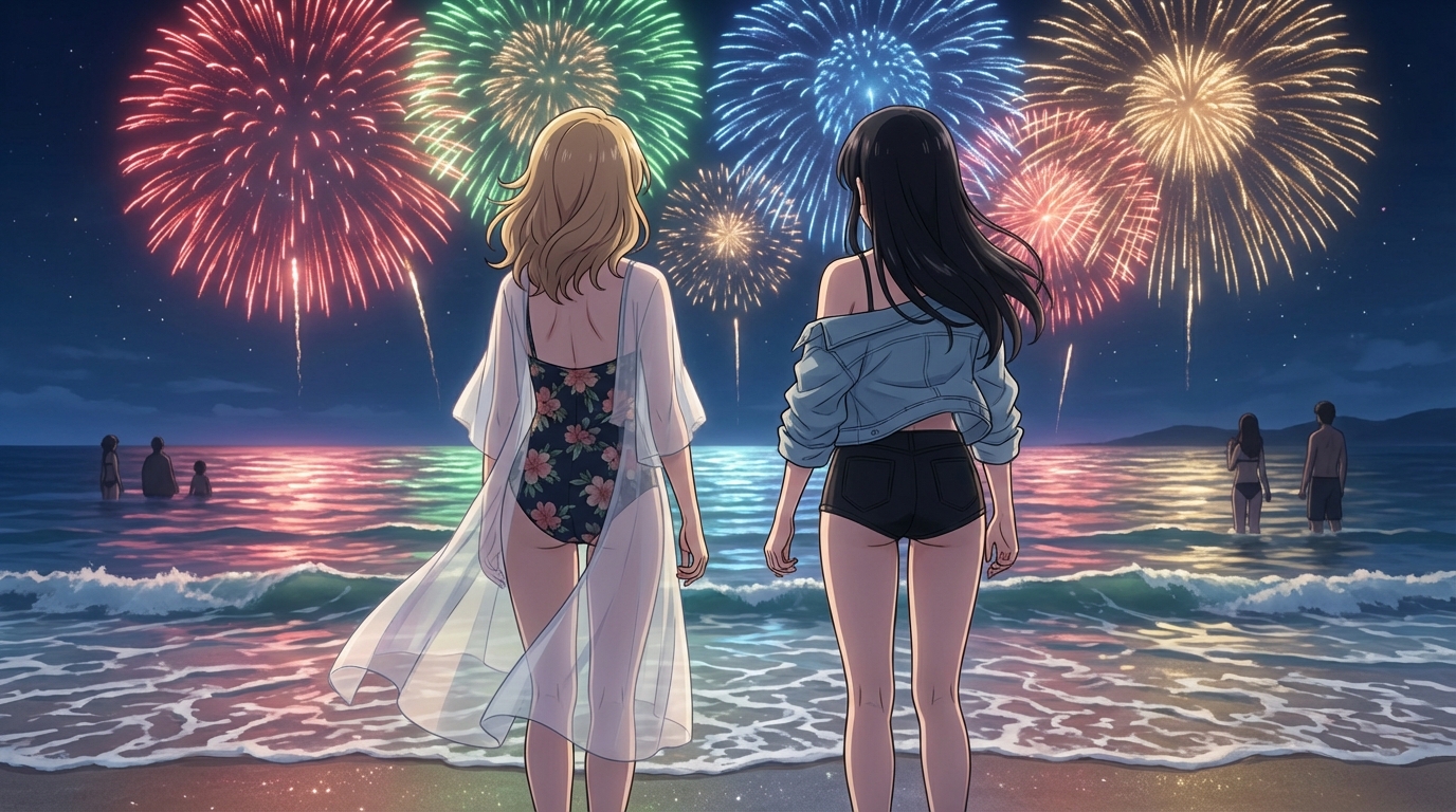 Anime beach fireworks scene from the Beach OVA photo pack