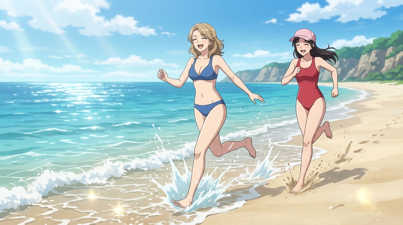 Anime character running barefoot along the shoreline