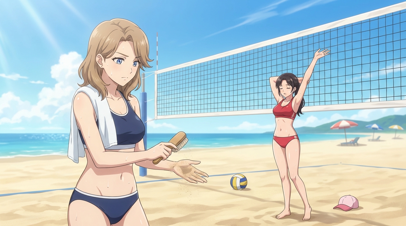 Anime beach volleyball scene under midday sun