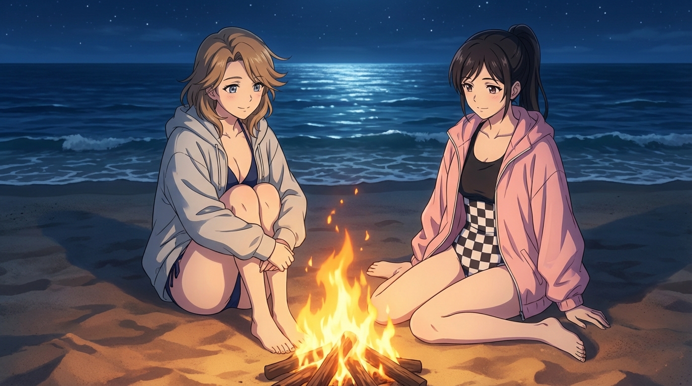 Anime character sitting by a small beach campfire at night with the dark ocean in the background