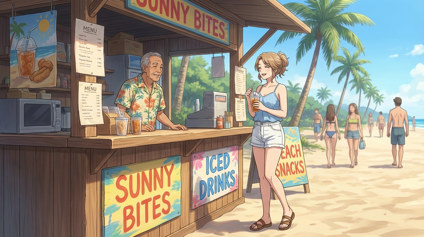 Anime character at a small seaside snack stand holding a cold drink in casual beachwear