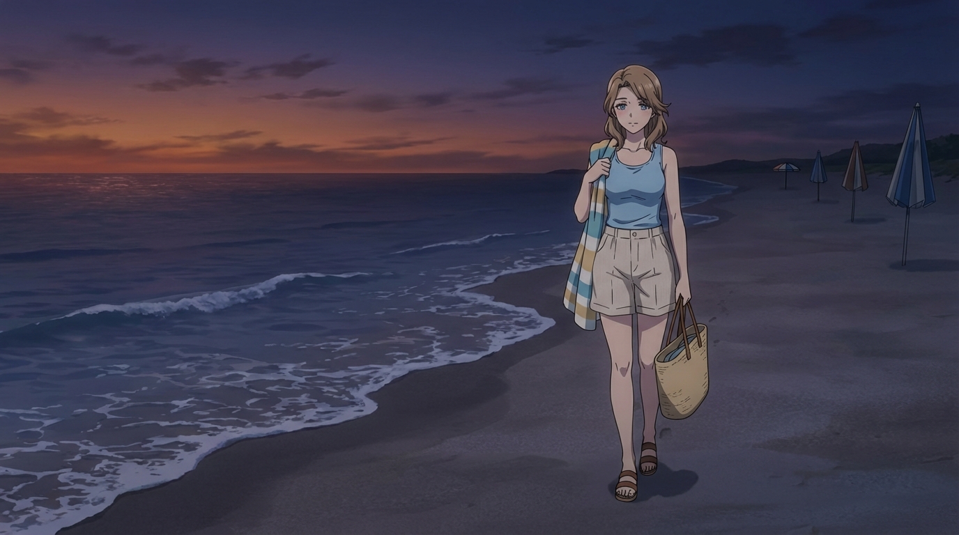 Anime character leaving the beach at twilight carrying a towel and beach bag as the last light fades