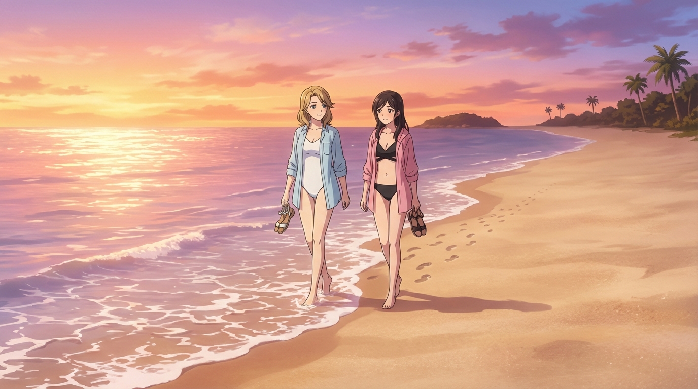 Anime sunset shoreline walk from the Beach OVA photo pack