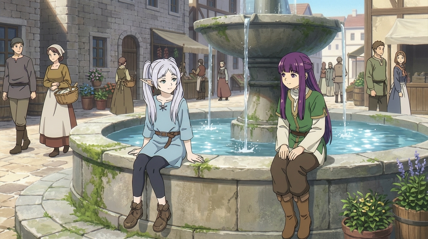 Сцена с фонтаном в аниме-городе исэкай с романтической атмосферой