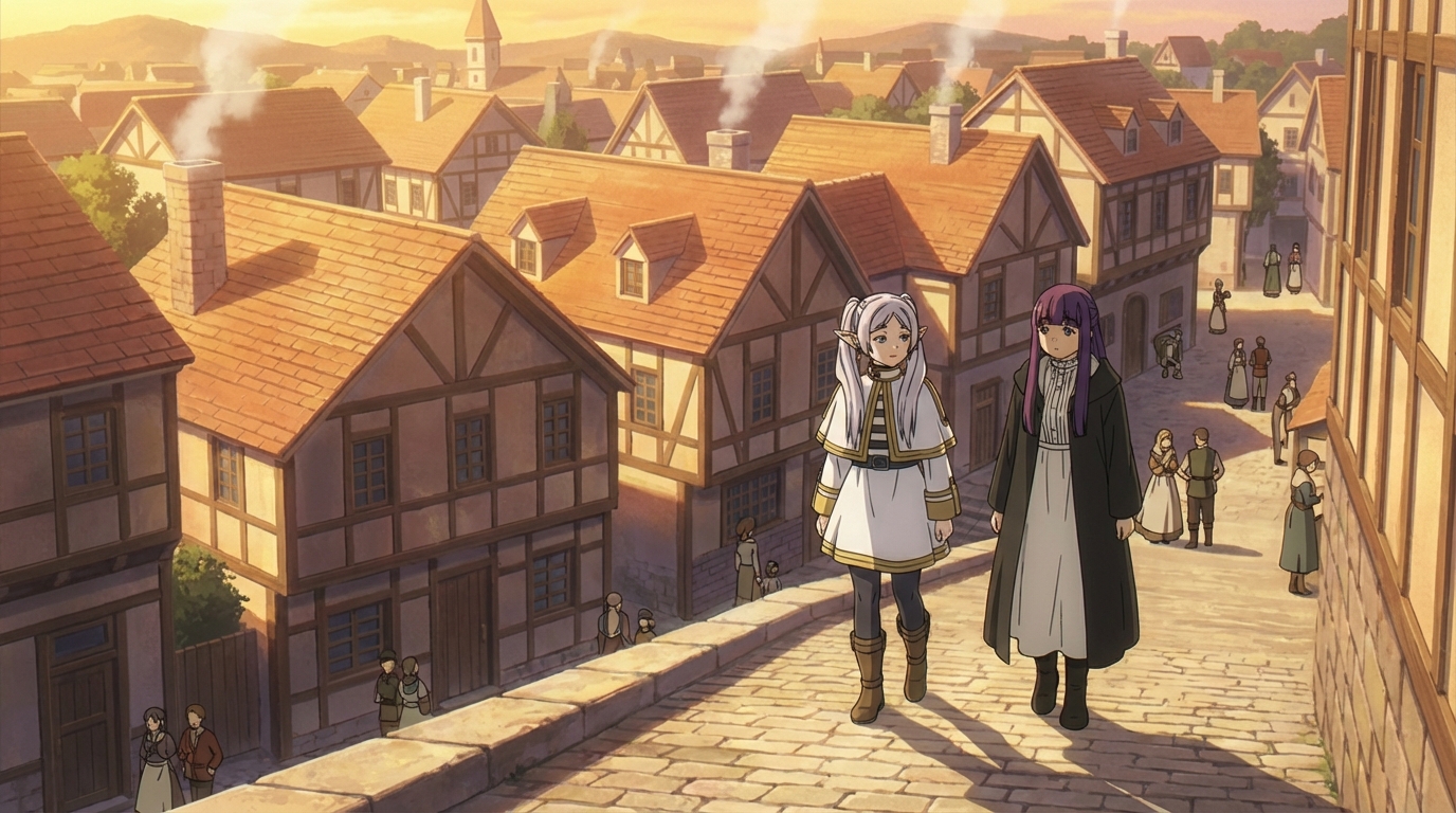 Аниме-прогулка на закате в городе исэкай для романтического момента пары